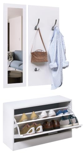 HOMCOM Conjunto de Muebles de Entrada Set de 3 Piezas 80x27x46,5cm Blanco | Recibidor Pasillo, Zapatero, Espejo, Perchero, con 4 Ganchos para Colgar Ropa, Recibidores de Entrada