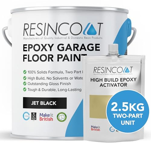 Resincoat High Build Epoxy Garage Floor Paint, Two-Part Epoxy Coating, High Gloss Finish, Solvent Free Formula, Tough & Durable Concrete Floor Paint, Made in the UK, Jet Black, 2.5kg