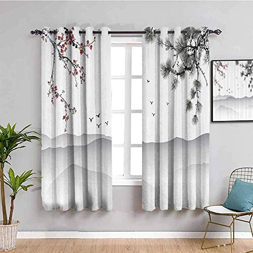 LWXBJX Blickdicht vorhang für Schlafzimmer - Chinesischer Stil Tinte und Waschung Pflaumenblüte Landschaft - 3D Druckmuster Öse thermisch isoliert - 150 x 166 cm - 90% blickdicht vorhang für Kinder Ju