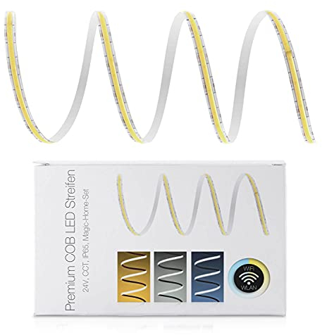 LED Universum COB LED Streifen WLAN Set CCT dualweiß mit Magic Home Controller & Netzteil Band Strip Premium Filament 24V LED Streifen IP65 dualweiß (6 Meter)