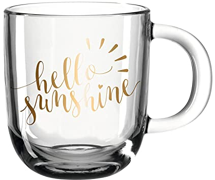 Leonardo Emozione Geschenk Tasse hello sunshine, 1 Stück, spülmaschinengeeignete Glas-Tasse, Tee-Tasse mit goldenem Schriftzug, 400 ml, 046413