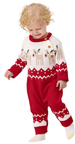 Zukmuk Jumpsuits Neugeborenes Kleinkind Baby Jungen Mädchen Unisex Christmas Jumpsuits Weihnachten Cartoon Gestrickte Rompers Strampler (Rot, 3-6 Monate, 80)