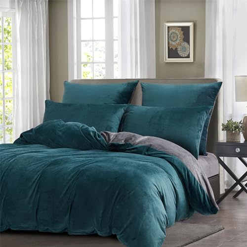 Boqingzhu Plüsch Bettwäsche 220×240cm Biber Petrol Blau Grau Flanell Winter Warm Kuschelig Flauschig Wende Bettwäsche Teddy Fleece Samt Cashmere Touch Bettbezug 220×240cm