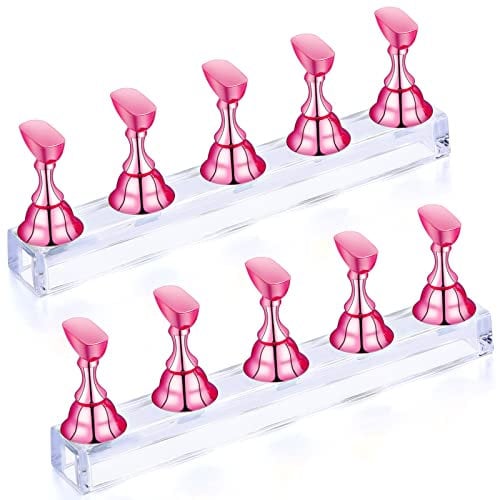 PROUSKY 2 Set Nail Display Stand Fingernail DIY Nail Art Display Nail Tip Practice Holder Magnetic for False Nail Tip Manicure Tool Home and Art Salon Use Magnetic Nail Practice Base (Pink)