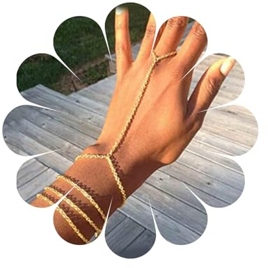 Allereya Vintage Layered Finger Ring Bracelet Gold Slave Bracelet Hand Chain Boho Wrist Chain Bracelet Punk Hand Harness Chain Bridal Hand Jewelry For Women And Girls