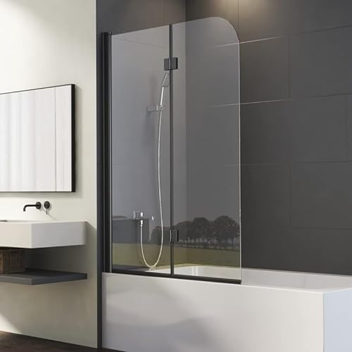 Duschwand für Badewanne 2-teilig 120x140cm Mattes Schwarz Doppelfaltflügeltür Duschtrennwand mit 6mm Nano Glas, Trennwand Faltbar Badewannenwand Sicherheitsglas Badewannenaufsatz Dusche