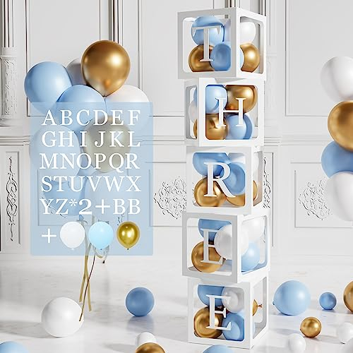 104 Babyparty Box Deko Jungen,Rosa Baby Shower Deko Boxen,5 Luftballon Boxen mit 54 Buchstaben und Luftballons Blau Gold Weiss für Babyparty Deko,Babyshower Deko, Geburtstags,Baby Party,Gender Reveal