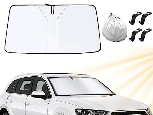 Anlising Auto Sonnenschutz Frontscheibe, Auto Faltbarer Sonnenschirm mit Aufbewahrungsbeutel, Faltbarer UV-Schutz Auto Sonnenschirm, Senden 4 Auto Haken, für die Meisten Autos(142CMx80CM)