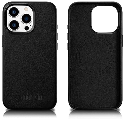 Mobiskin cover per iPhone 15 PRO (6,1 pollici), custodia con vera pelle, case compatibile con MagSafe, custodia protettiva ultra-sottile, nero
