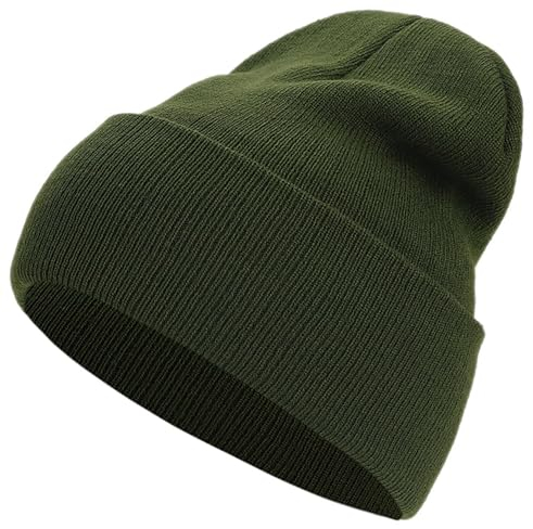 IHAUIUE Einfarbige Beanie-Mütze, gestrickt, mit Bündchen, doppellagig, Winteruhr, Hüte für Damen und Herren, Grün (Army Green), L/Einheitsgröße