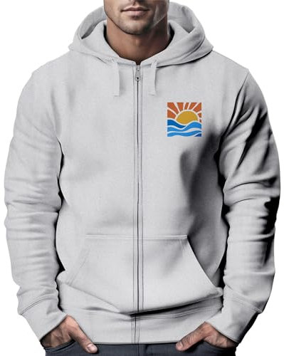 Neverless® Sweatjacke Herren Zip Hoodie Pullover Kapuze Logo Print Sommer Sonne Welle Strand Meer Fashion Streetstyle grau-Melange S