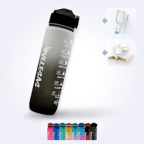 Velesas® 1l Wasserflasche mit motivierender Zeitmarkierung | Trinkflasche aus Tritan mit Strohhalm | Sportflasche für Schule, Job, Fitnessstudio, Büro, Fahhrad, Wandern | BPA-Frei | Schwarz/Weiß