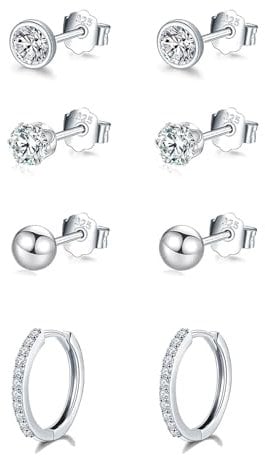 wynn's Silver Earrings for Women, 925 Sterling Silver Stud Earrings, Cubic Zirconia Small Sleepers Studs Hoops Earrings, 3mm Stud Earrings + 10mm Hoop Earrings, 4 Pairs Silver Earrrings set