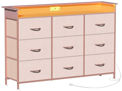 EXOTICA Commode rose avec lumière LED pour chambre de fille, commode à 9 tiroirs avec station de charge, commodes pour salon, entrée, placard, couloir, cadre en acier robuste, dessus en bois, poignée