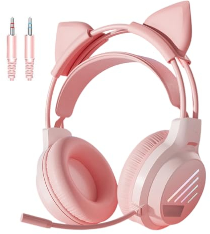fesoklaf Niedliche Gaming-Kopfhörer mit Mikrofon, RGB-Headset mit Geräuschunterdrückung, Over-Ear-Kopfhörer mit abnehmbaren Katzenohren für Gamer/Streamer/Cosplay (Pink – 3,5 mm Doppellöcher)