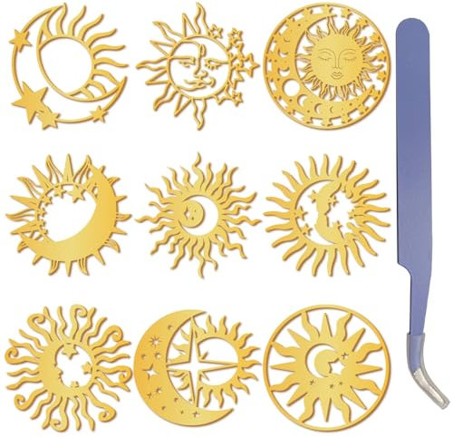 craspire 9 Stück Mondaufkleber, Metall-Orgonit-Aufkleber Mit Pinzette, Golden, Wasserdicht, Selbstklebend, Dekorationsaufkleber, Abziehbilder Für Sammelalben, DIY-Harzhandwerk, Telefondekor