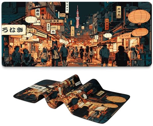 BLITZPAW Gaming-Mauspad mit japanischem Straßendesign, erweitertes großes Anime-Mauspad für den Schreibtisch, 80 x 30 cm, rutschfeste Unterseite, genähte Kanten für Gaming und Büroarbeit