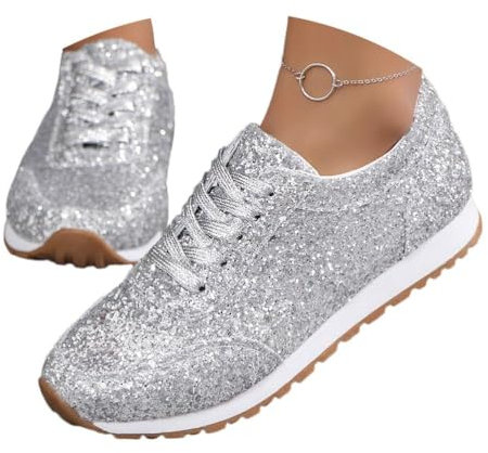 shownicer Pailletten Sneaker Damen Flache Low Glitzer Schuhe Bequeme Atmungsaktiv Schnürer Sportschuhe Turnschuhe Outdoor Laufschuhe A Silber 38 EU