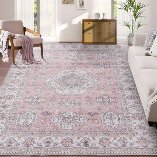 Taleta ALU Washable Rugs Living Room Large Pink Non Slip Soft Short Pile Vintage Oriental Area Rugs for Bedroom Kitchen Dining Room (Pink, 190 x 280 cm)