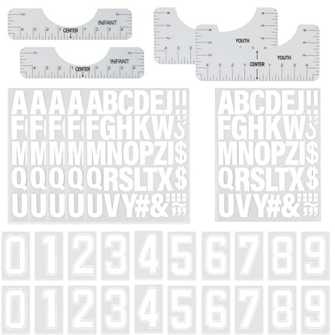 Iron On Letters for Clothing - White Iron on Heat Transfer Number and Letters with 4 T-Shirt Alignment Ruler, Letter Patches DIY Crafts for Running Vests Sports Jerseys Team Name Slogan Printing