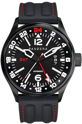 Panzera Flieger 45G Mechanische Automatikuhr Stahl Schwarz Saphir Silikon Datum Herrenuhr, Schwarz , Armband