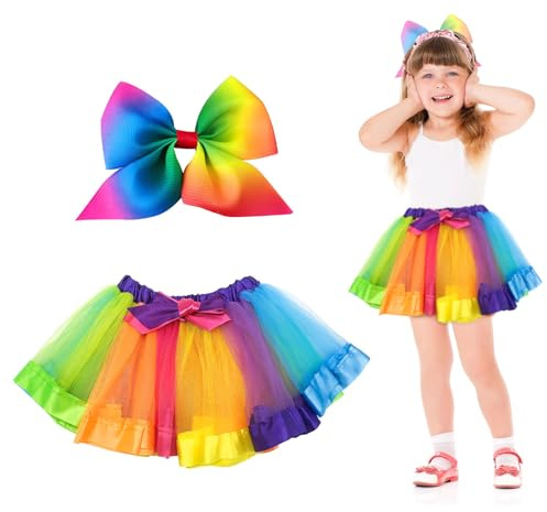 EUPSIIU Tutu-Röcke, Tutu-Röcke für Mädchen, Regenbogen-Tutu-Rock, Ballett, mehrlagiger Tüll-Tanzrock, Neon-Tanzkleid, Ballett mit Haarschleife, 2 Stück