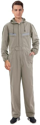 Oralidera Mens Workwear Boilersuit High Visibility Mechanic Dungarees Hooded Overalls Work Boiler Suits Unisex Zip Up Coveralls, Khaki, XL