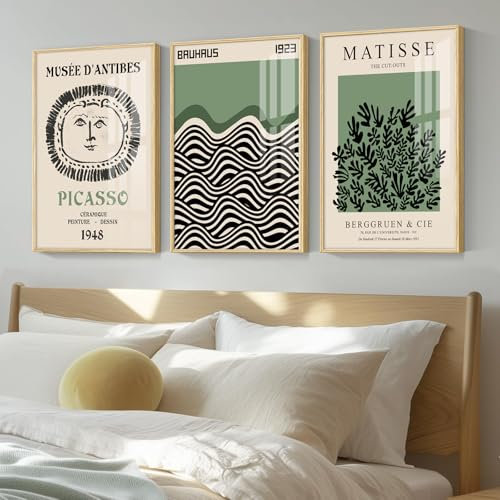 Picasso Matisse Bauhaus Leinwand-Kunstdrucke, Set mit 3 Stück, Salbeigrün, modern, minimalistisch, groß, Wanddekoration, Bild, ästhetische Kunstgemälde, Poster für Galerie, Schlafzimmer, Wohnzimmer,