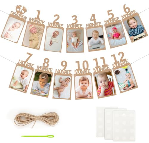 Fotogirlande 1.Geburtstag, Baby Meilenstein Girlande Deko Geburtstag, Baby Erster Foto Banner für 1 bis 12 Monate Mädchen Jungen, Deutsch Hängende Foto Wanddekoration(Kraftpapier)