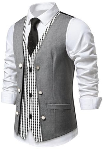 Tobysper Gilet da uomo con scollo a V, multi-fila, gilet in due pezzi, slim fit, senza maniche, elegante, formale, con tasche, casual, business, gilet da sposa, grigio chiaro, M