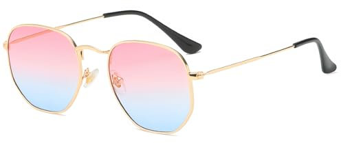 RUNHUIS Lunettes de soleil rétro polygone pour homme et femme - Lunettes carrées tendance - Cadre en métal ultra léger, Or/bleu/rose