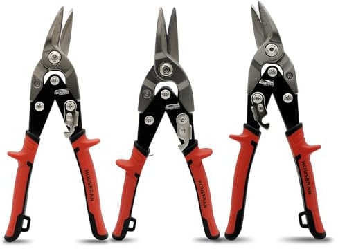 HOUSERAN 3 Pack Aviation Tin Snips Set, 10 Inch Straight, Left and Right Cut Offset Aviation Snips, Heavy Duty Tin Cutters with Scale Markings, CR-MO Steel Blade, for Cutting Metal Sheet