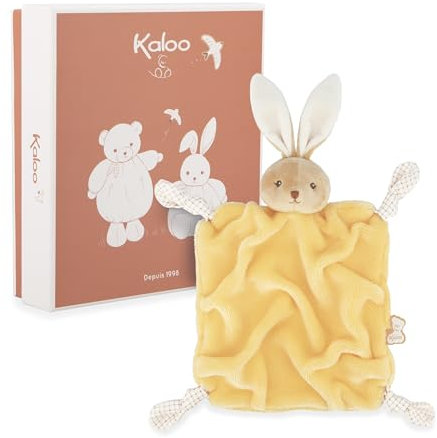 Kaloo - Schmusetuch Kaninchen gelb 24cm - Flaches Baby-Schmusetuch Ultraweich - Extraweiches Flanellfell - Schleifen mit Schnullerhalterfunktion - Kuscheliger und pädagogischer Begleiter ab der Geburt