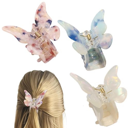 Bangbobi Juego de Pinzas para el Cabello con Forma de Mariposa 3 Pinzas para el Cabello acrílicas de tamaño Mediano para Mujeres y niñas, Antideslizantes, Brillantes y Bonitas