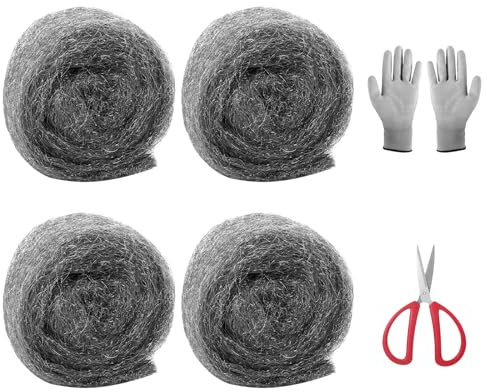 Stahlwolle Gegen Mäuse, Stahlwolle 00 Mäuse Vertreiben, Dämmwolle Bauschaum Gegen Mäuse, 5 Meter pro Rolle, Handschuhe und Schere Inklusive, für Löcher Risse in den Wänden des Hauses (4 Rolle)