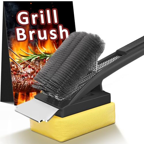 Grillbürste mit Dampfreinigung Kopf, Grill Bürste mit Edelstahl Brushborsten, Edelstahl Spatel und Extra Langer Wärmedämmung Griff, für Alle Grill | Schwarz