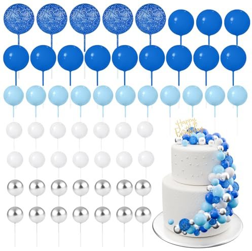 BOUBONI 60Pcs Glitter Cake Balls Decorations Foam Cake Topper Balls Mini Balloon Cupcake Toppers for Cake Decorating Birthday Baby Shower Party (Glitter Blue Series)