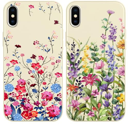 Phoona 2 Pack Fashion Beige Flowers Print Phone Case for iPhone X/XS 5.8,with Floral Aesthetics Pattern Design Soft Silicone Cases,Shockproof Bumper Protector Camera Girls Women Cover