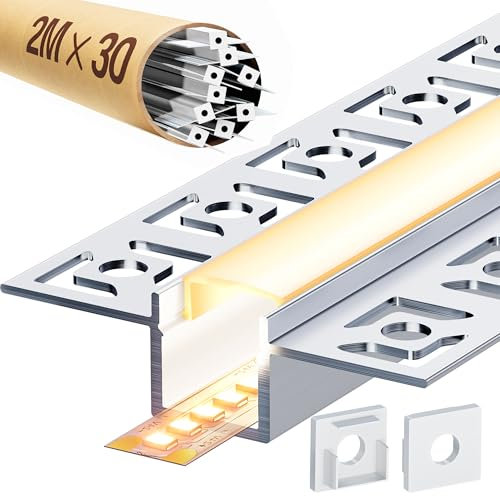 LASLUX 30 x LED Trockenbauprofil 2M Aluminium Profil für Strip Schiene Unterputz Kanal und Diffusor Aufputz für Indirekte Beleuchtung Decker