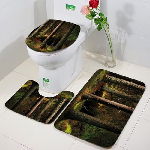 FEHWI Lot de 3 Tapis de Bain antidérapants et lavables pour la Salle de Bain,Douche,Baignoire,Forêt de conifères et de Gros rochers dans la lumière Magique du Soir,décoration WC Tapis de Sol