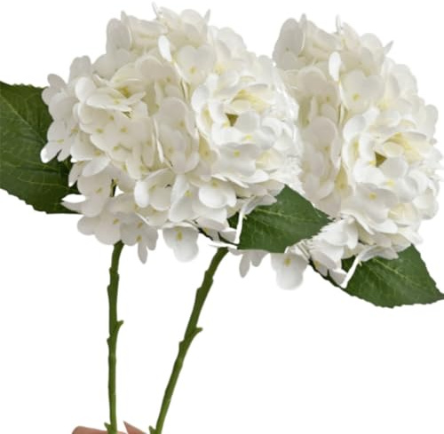 OUKEYI Artificial Hydrangea Flowers, 2 PCS Single Long Stem Realistic silk Flowers, 60cm/23.6Inch Large Real Touch Fake Hydrangea Flower Bouquets for Home Wedding Table Centerpiece Decor (White)