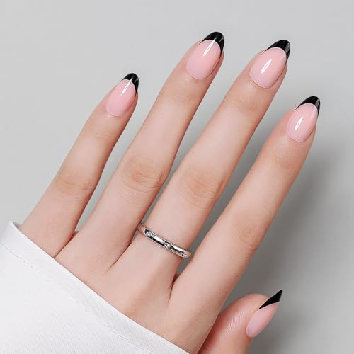 Luxbon Court Almond Press On Nails avec colle à ongles et kit d’outils | Manucure française Glue On Nails 25-30pcs Full Size Set, Faux ongles réutilisables, Noir