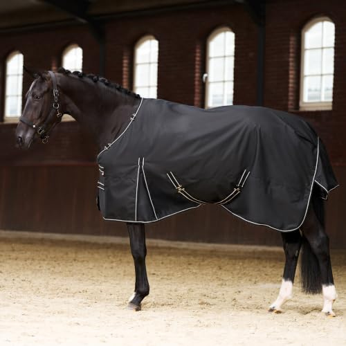 Imperial Riding Outdoordecke Basic 200g, abnehmbares Halsteil, mittelschwere Outdoordecke, wetterfestes Material, Gehfalte, 600D Polyester, Kreuzbegurtung, Schweif - & Beinschnüre, Schwarz, 145