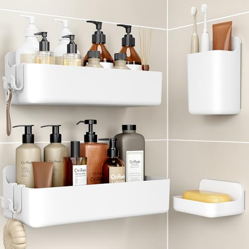 Orimade Duschablage ohne Bohren-Duschregal 4 Stück,Shampoo Halterung für Dusche Große Kapazität,Badregal ohne Bohren, ABS, Weiß