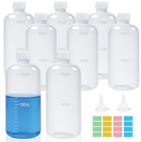 HavaCue 8 Stück Schmalhalsige Laborflasche Skalierung 200ml, Kunststoff | Durchscheinend Reagenzflasche, Auslaufsicher, Laborqualität Flüssigkeits-Aufbewahrungsflaschen für Wasserprobenflaschen