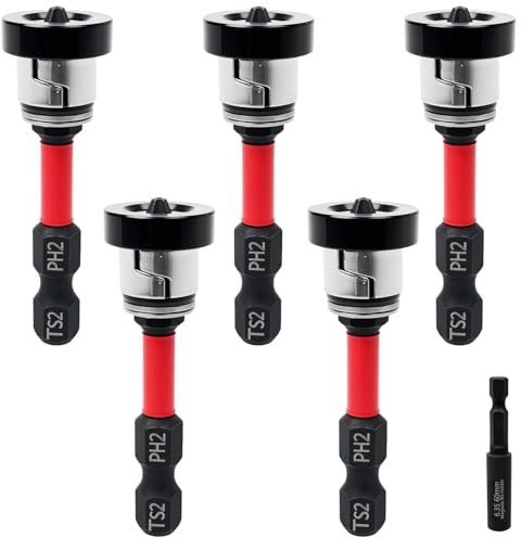 5 pcs Trockenbau Bit Set mit Tiefenanschlag, PH2 Magnetische Bits 1/4 Sechskantschaft für Trockenbauschrauber | Professionelles Werkzeug zum präzisen Versenken von Schnellbauschrauben in Gipskarton