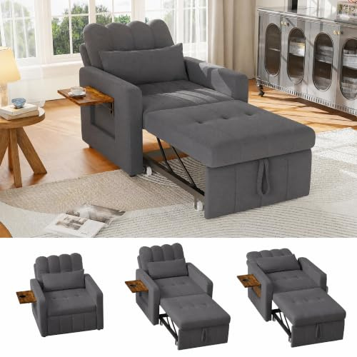 Schlafsofa 3-in-1,Schlafsessel mit Bettfunktion Sofa Ausziehbar mit 5-Stufig Verstellbarer RüCkenlehne Sessel mit Schlaffunktion Schlafcouch mit Kissen und Seitentasche,Chenille-Gewebe (Grau)