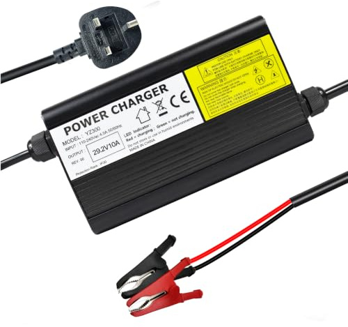 29.2V 10A LiFePO4 Battery Charger for 24V/25.6V Lithium Iron Phosphate Deep Cycle Batteries, Smart Charger with 30A Alligator clip for RV, Boat, Marine, Solar and Golf Cart
