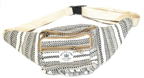 Himalaya-Bauchtasche aus Bio-Baumwolle, gestreift, Baumwolle, Hanf, Umhängetasche, Bauchtasche, Festival, Urlaub, Reisetasche, weiß, Eine Größe, Bauchtasche