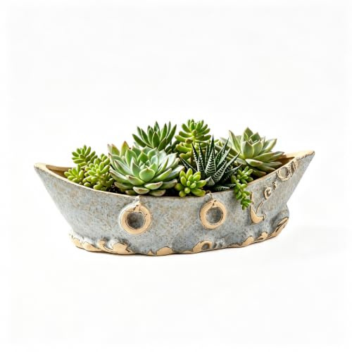 Beavorty Ceramic Boat Shape Flower Pot Decorative Plant Pot for Home Gardening Succulent Planter Creative Boat Plant for Indoor Display Vintage Home Flowerpot 10.63 X 3.94 X 3.15in